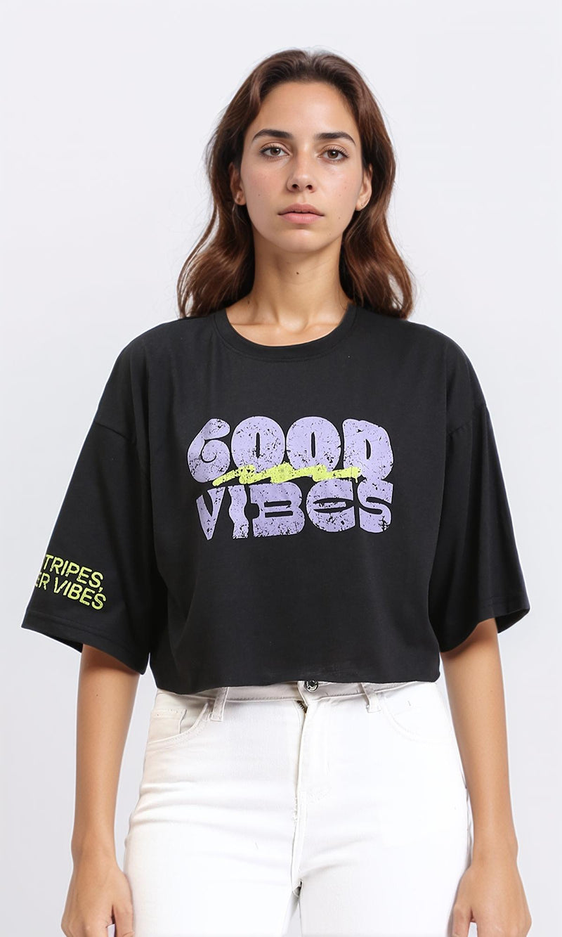 R210551 - "Good Vibes" Slip On Printed Tee - Black