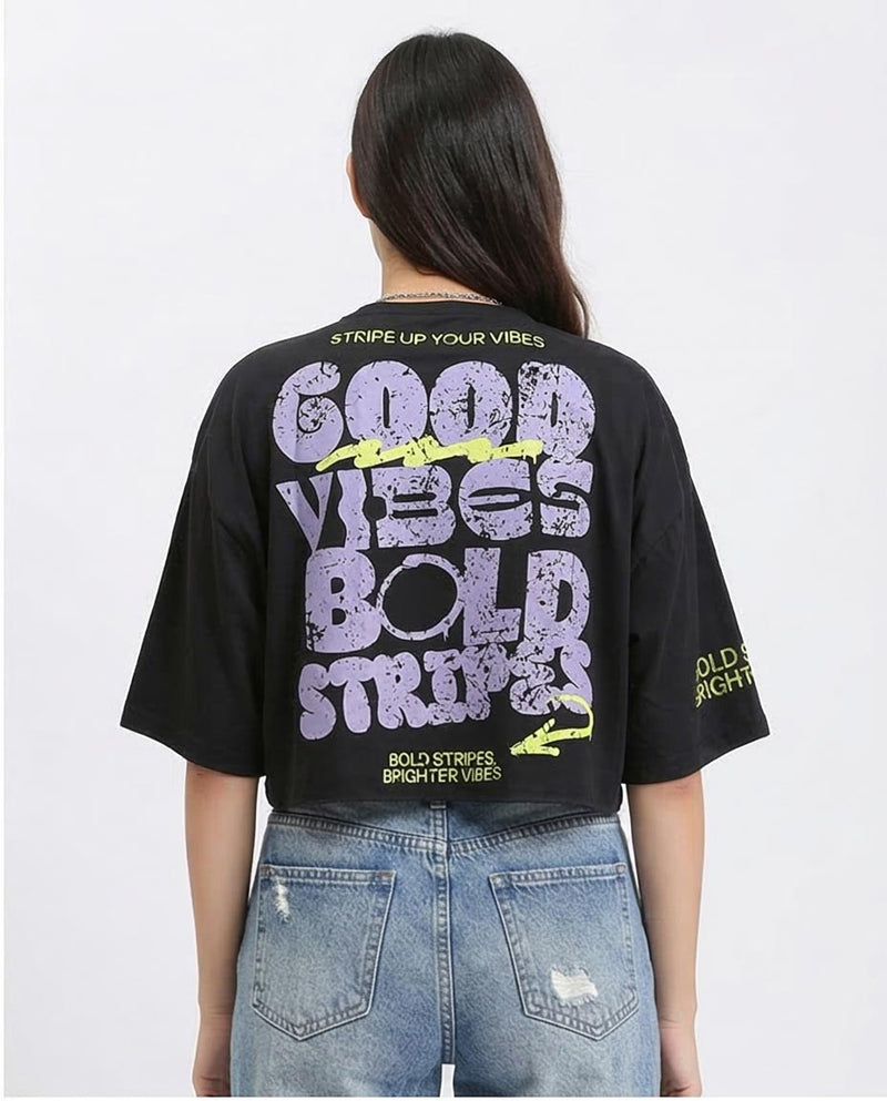 Ravin "Good Vibes" Distressed Graphic Crop T-Shirt - Black - R210551