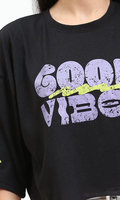 R210551 - "Good Vibes" Slip On Printed Tee - Black