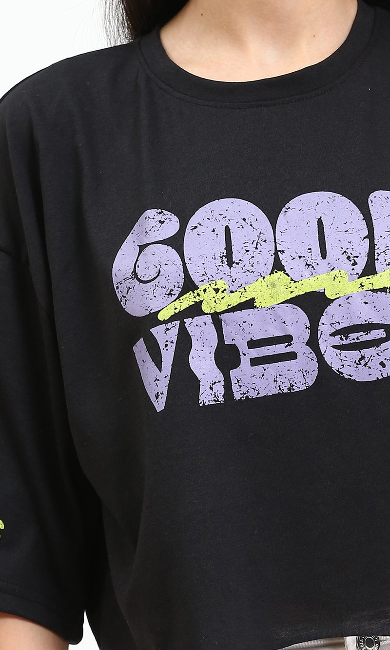 R210551 - "Good Vibes" Slip On Printed Tee - Black