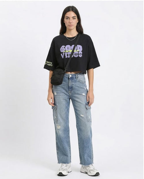 Ravin "Good Vibes" Distressed Graphic Crop T-Shirt - Black - R210551