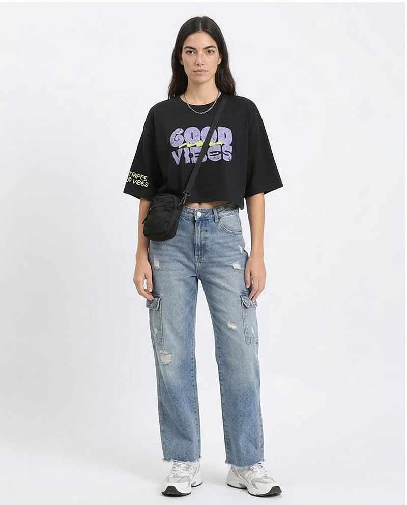 Ravin "Good Vibes" Distressed Graphic Crop T-Shirt - Black - R210551