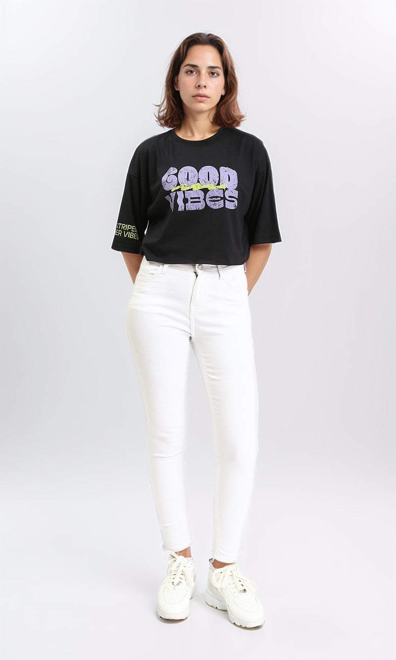 R210551 - "Good Vibes" Slip On Printed Tee - Black