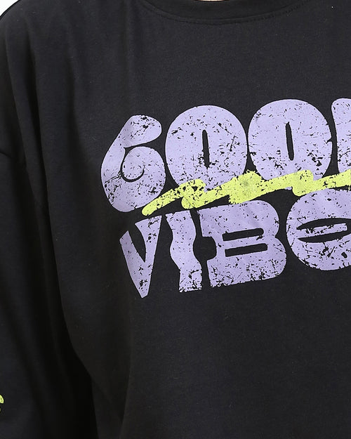 Ravin "Good Vibes" Distressed Graphic Crop T-Shirt - Black - R210551