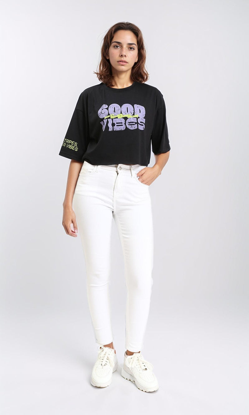 R210551 - "Good Vibes" Slip On Printed Tee - Black
