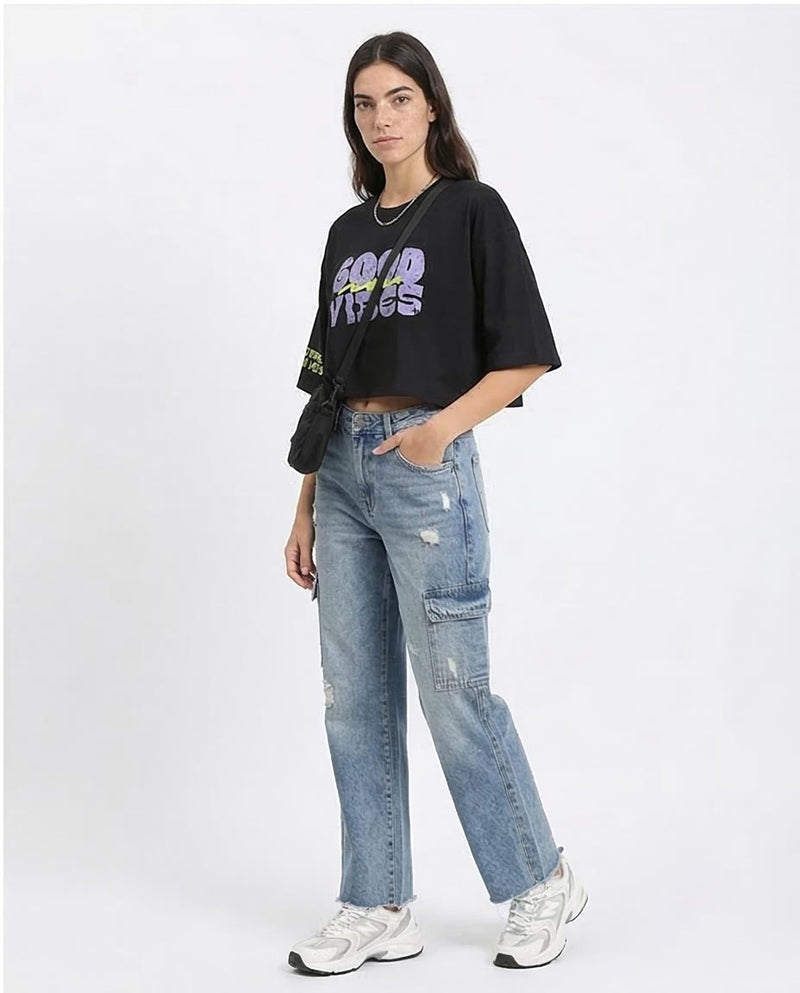 Ravin "Good Vibes" Distressed Graphic Crop T-Shirt - Black - R210551