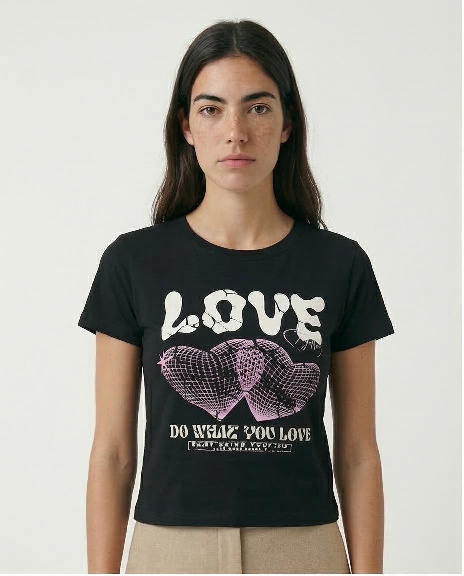 Person wearing a black t-shirt with a graphic design and text.