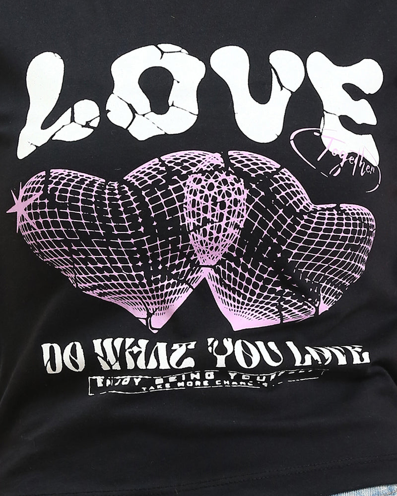 Ravin Women's "LOVE" Graphic Baby-Tee – Black Slim-Fit Cropped T-Shirt - R210554
