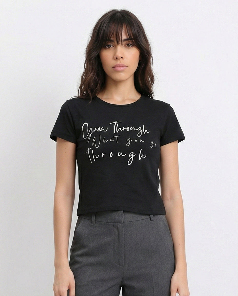 Printed Short Sleeves Cotton Tee - Black