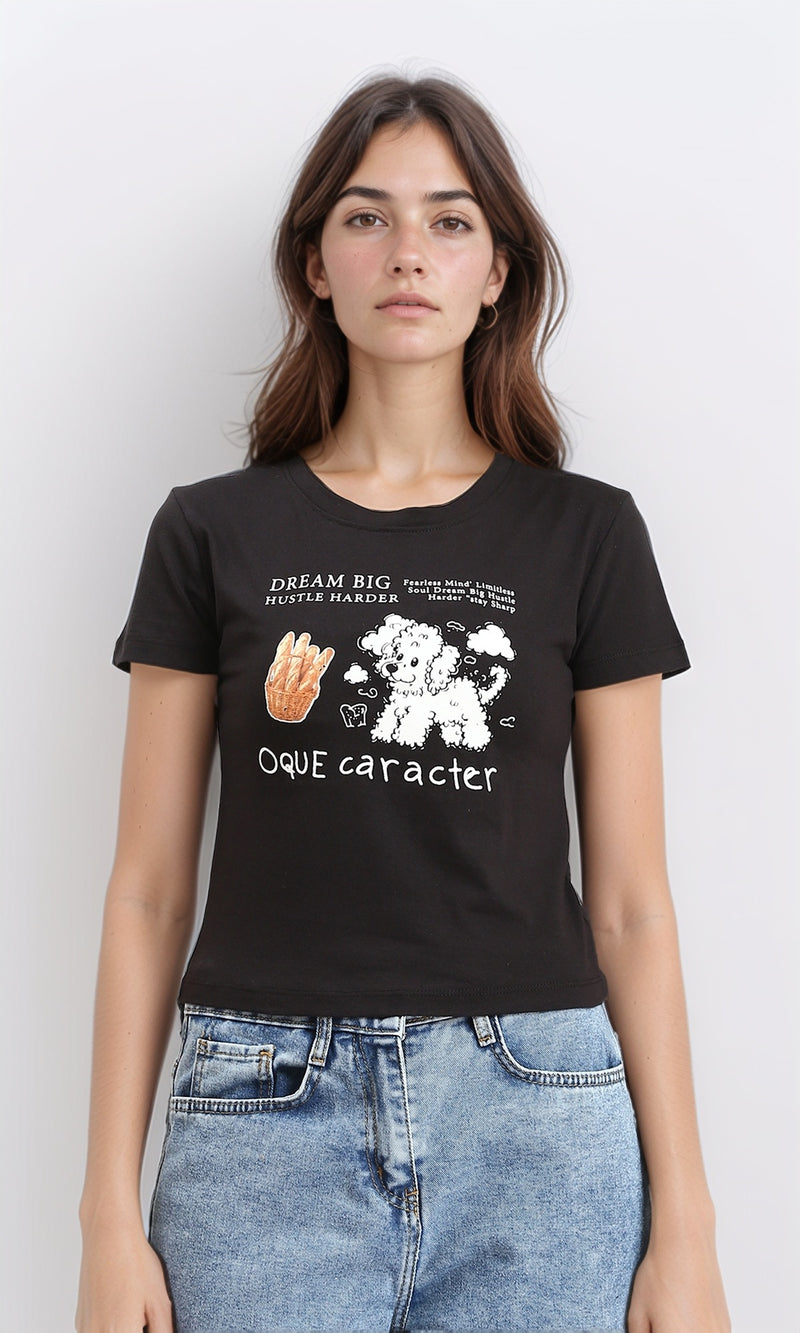 R210557 - Printed Crew Neck Regular Tee - Black