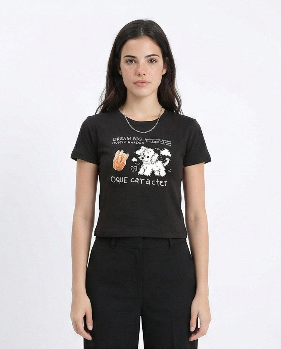 Printed Crew Neck Regular Tee - Black