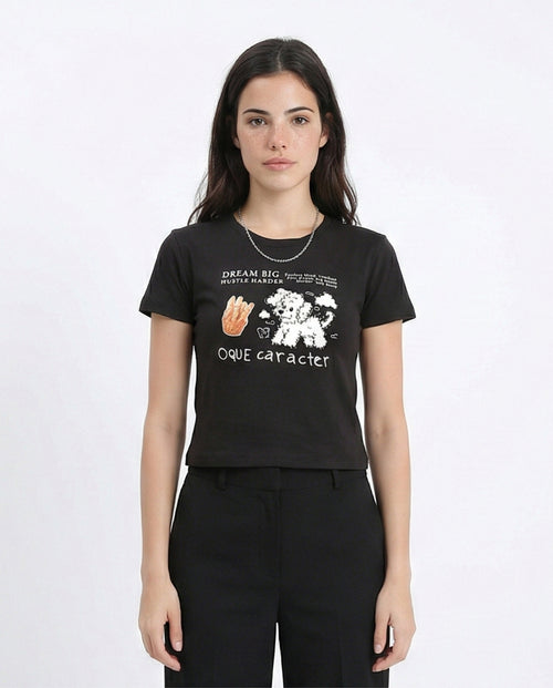 R210557 - Printed Crew Neck Regular Tee - Black