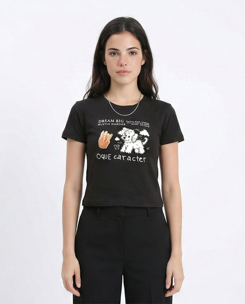 R210557 - Printed Crew Neck Regular Tee - Black