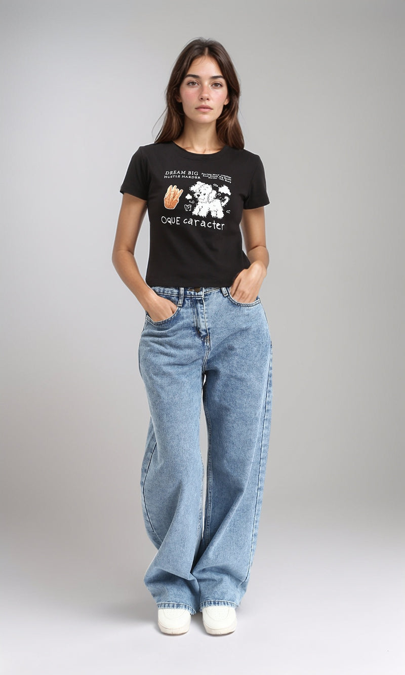 R210557 - Printed Crew Neck Regular Tee - Black