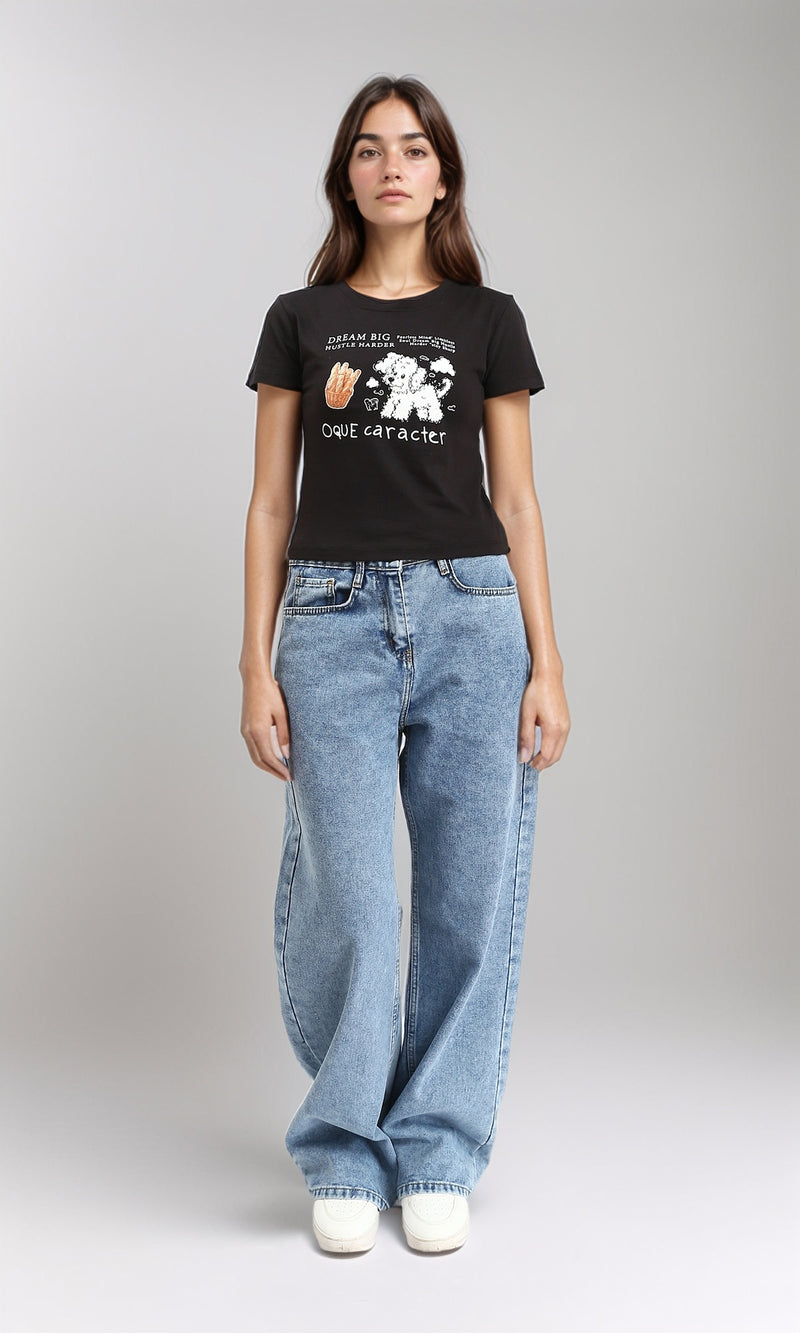 R210557 - Printed Crew Neck Regular Tee - Black