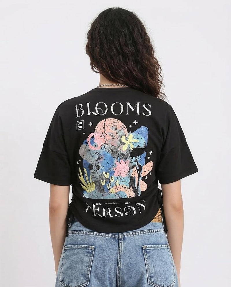 Ravin Women's Side-Cinch Graphic T-Shirt – "Blooms Person" Distressed Print - Black -R210558