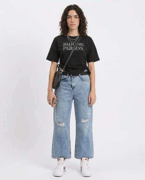 Ravin Women's Side-Cinch Graphic T-Shirt – "Blooms Person" Distressed Print - Black -R210558