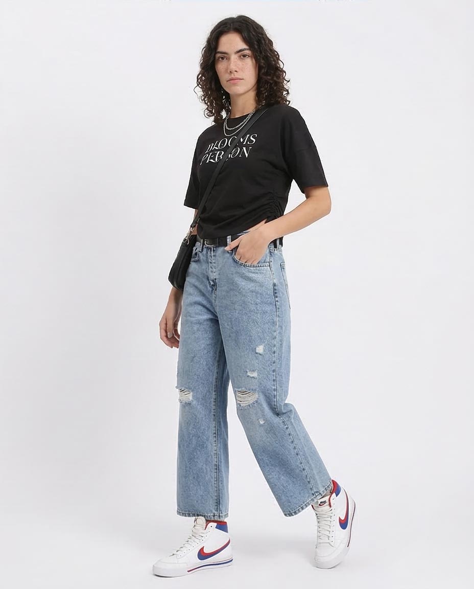 Ravin Women's Side-Cinch Graphic T-Shirt – "Blooms Person" Distressed Print - Black -R210558