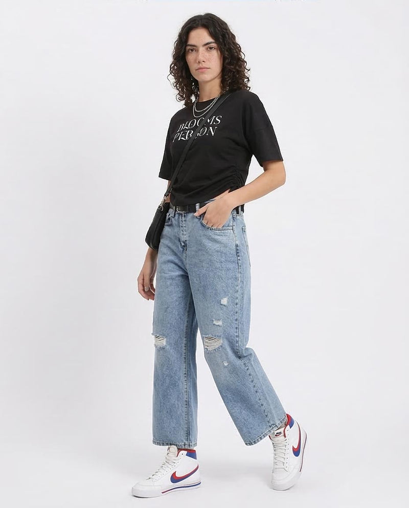 Ravin Women's Side-Cinch Graphic T-Shirt – "Blooms Person" Distressed Print - Black -R210558