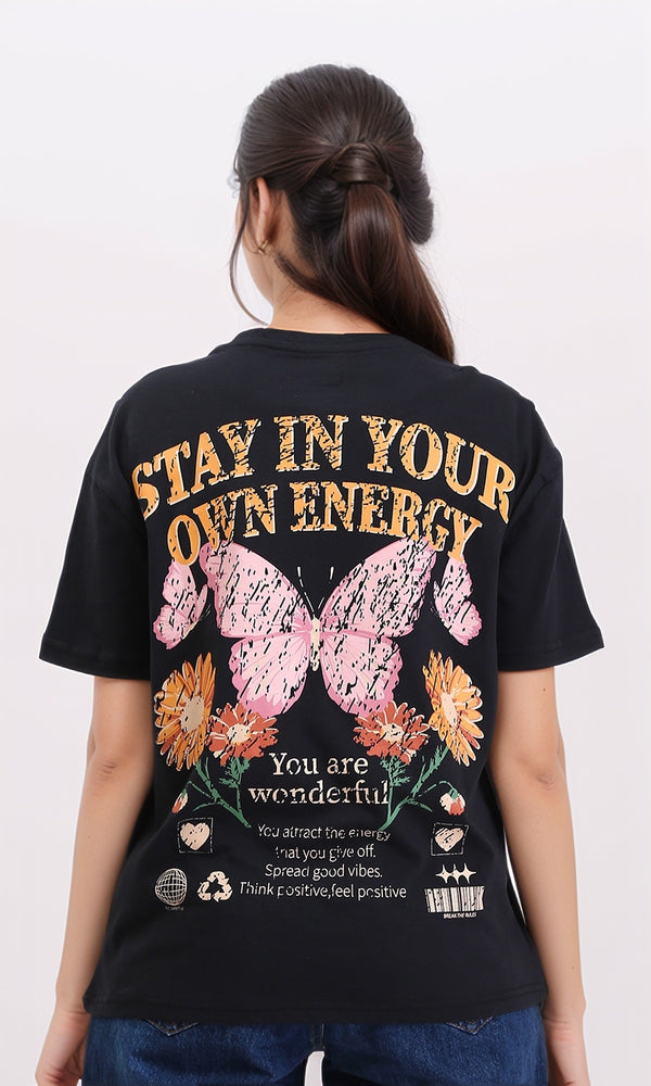 R210562 - Slip On Printed Elbow Sleeves Tee - Black