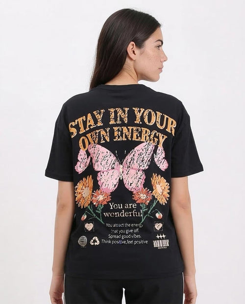 Ravin Women's Oversized "Stay In Your Own Energy" Butterfly Graphic T-Shirt – Black - R210562