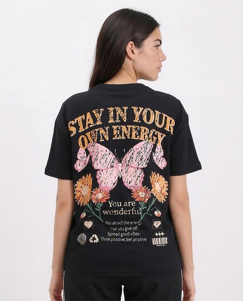 Ravin Women's Oversized "Stay In Your Own Energy" Butterfly Graphic T-Shirt – Black - R210562