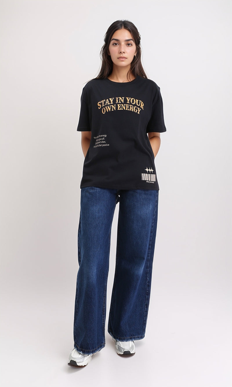 R210562 - Slip On Printed Elbow Sleeves Tee - Black