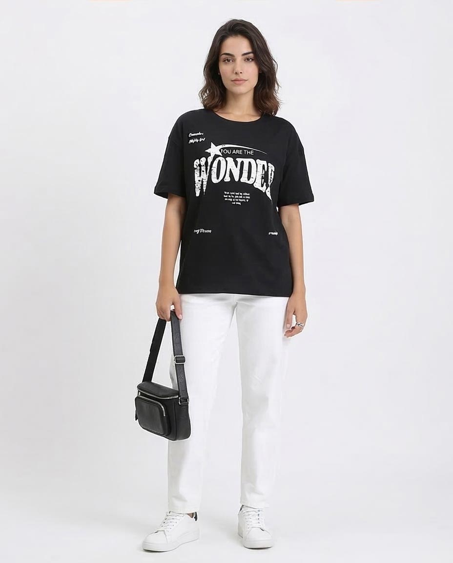 Ravin Women’s Relaxed-Fit "WONDER" Graphic T-Shirt – Black/White - R210563