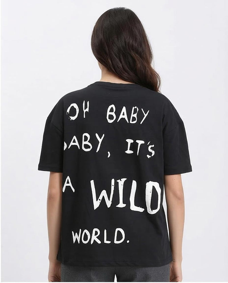 "Oh Baby" Elbow Sleeves Regular Tee - Black - R210564