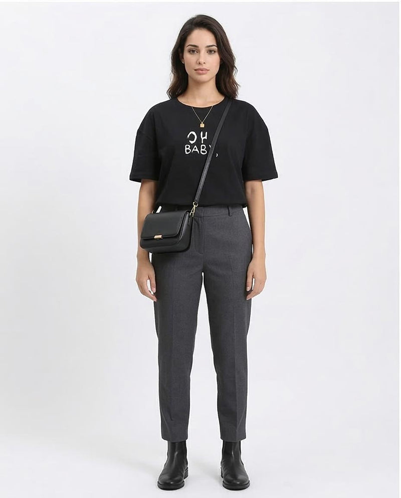 "Oh Baby" Elbow Sleeves Regular Tee - Black - R210564