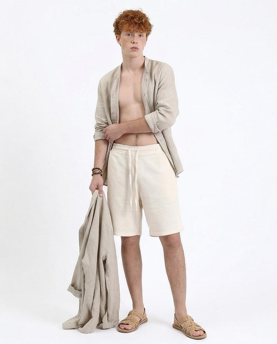 Ravin Men's Self-Pattern Waffle Knit Summer Shorts – Beige- R210566