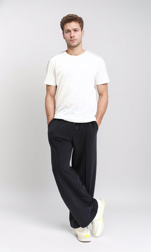 R210568 - Elastic Waist with Drawstring Wide Pants - Black