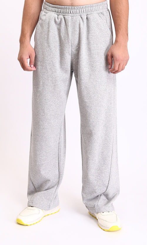 R210569 - Elastic Waist Wide Pants with Pockets - Heather Light Grey