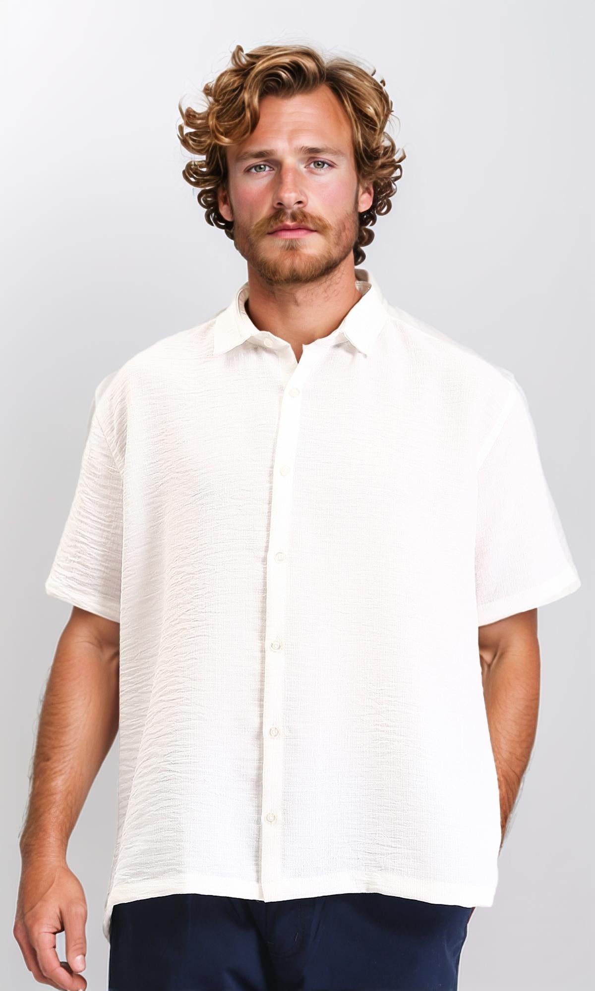 Regular Fit Elbow Sleeves Textured Shirt - Off-White