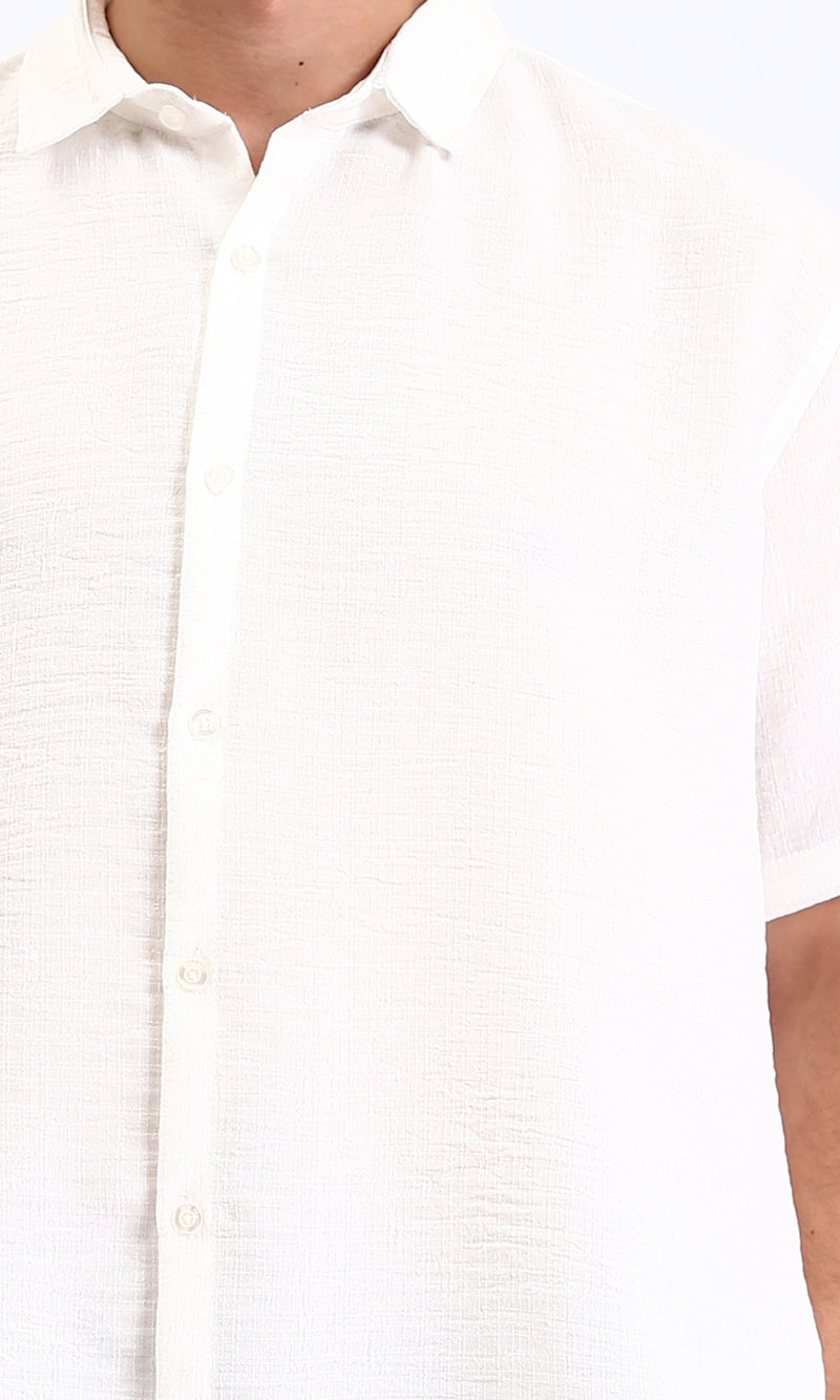 R210601 - Regular Fit Elbow Sleeves Textured Shirt - Off-White