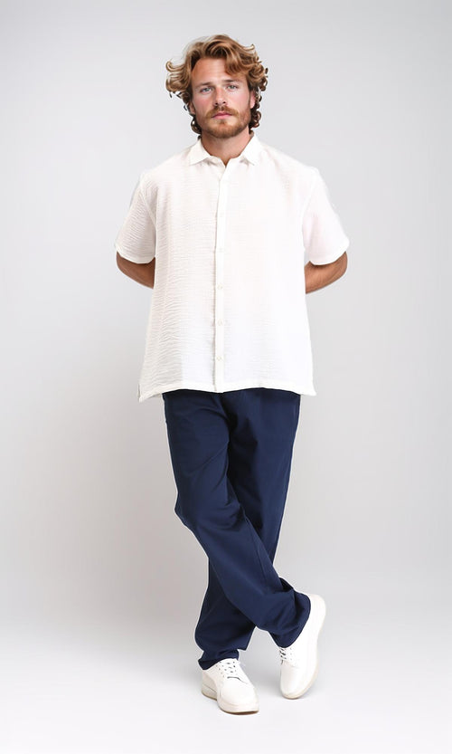 R210601 - Regular Fit Elbow Sleeves Textured Shirt - Off-White