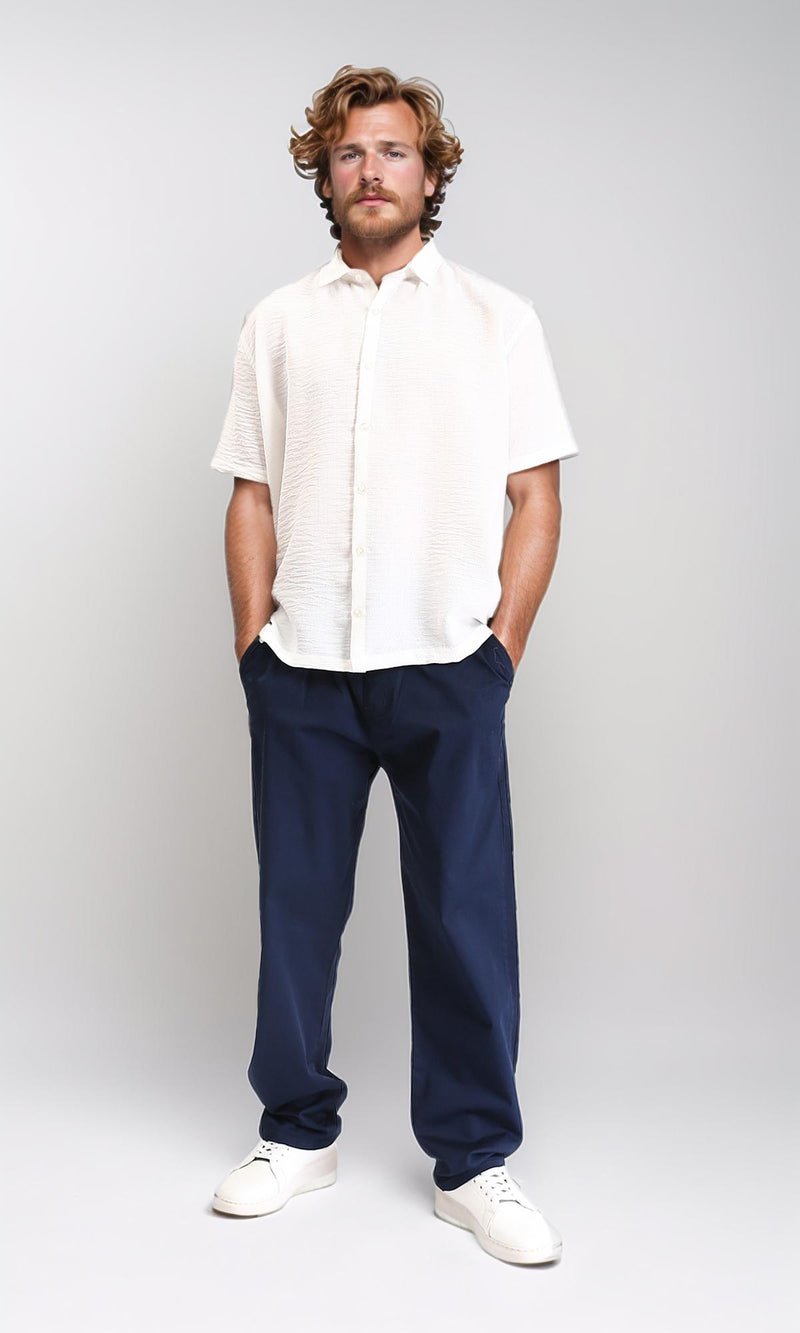 R210601 - Regular Fit Elbow Sleeves Textured Shirt - Off-White