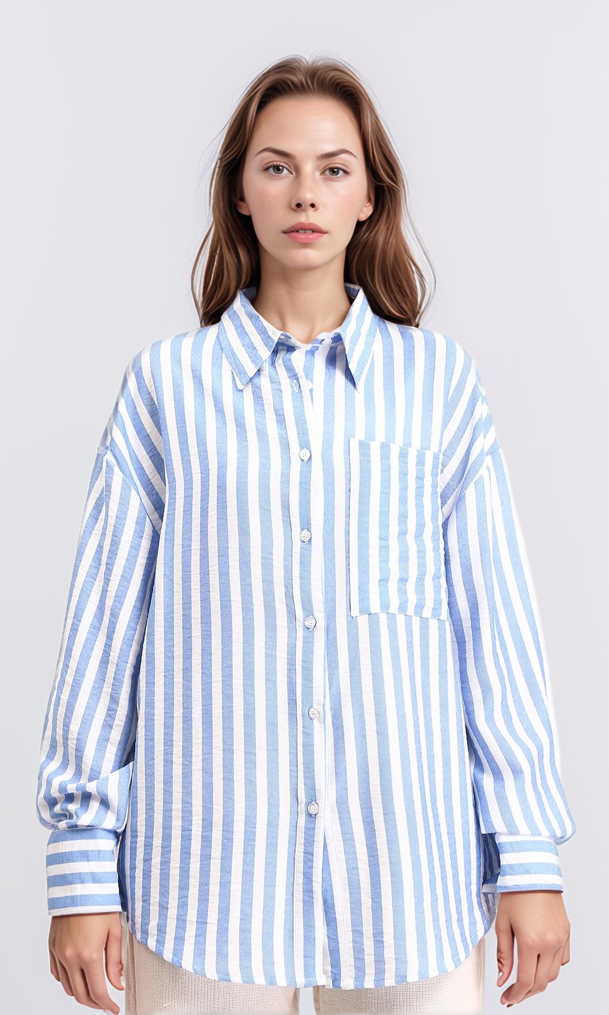 Awning Stripes Buttoned Shirt - Baby Blue & White