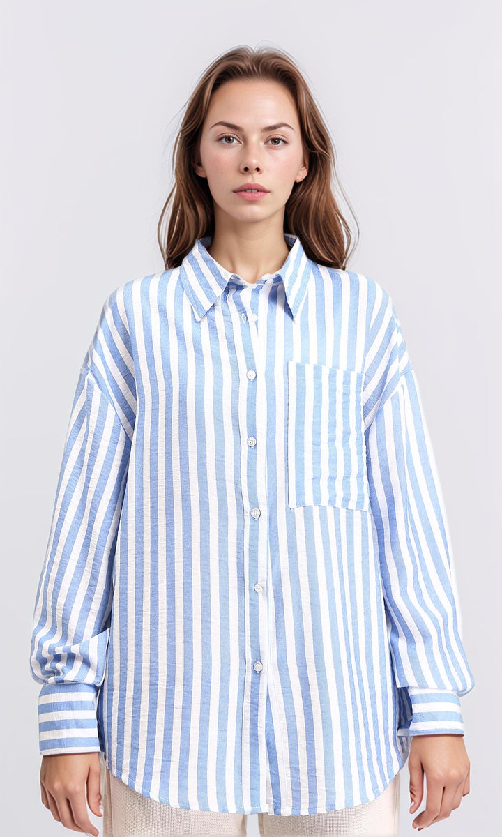 Awning Stripes Buttoned Shirt - Baby Blue & White