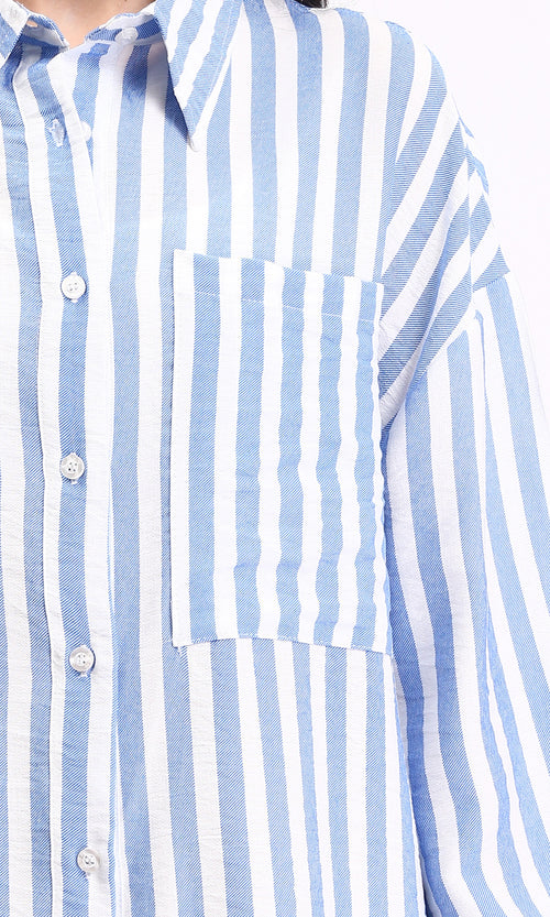 R210605 - Awning Stripes Buttoned Shirt - Baby Blue & White