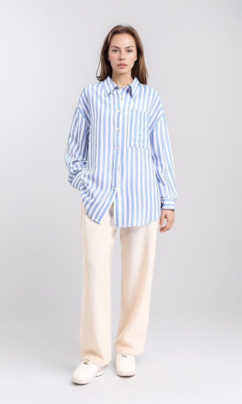 R210605 - Awning Stripes Buttoned Shirt - Baby Blue & White