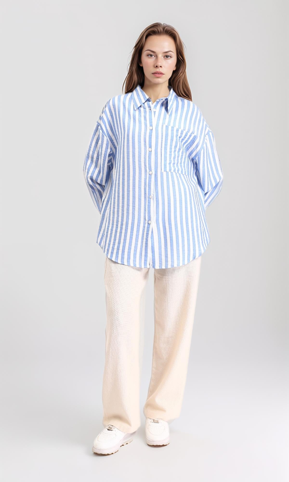 R210605 - Awning Stripes Buttoned Shirt - Baby Blue & White