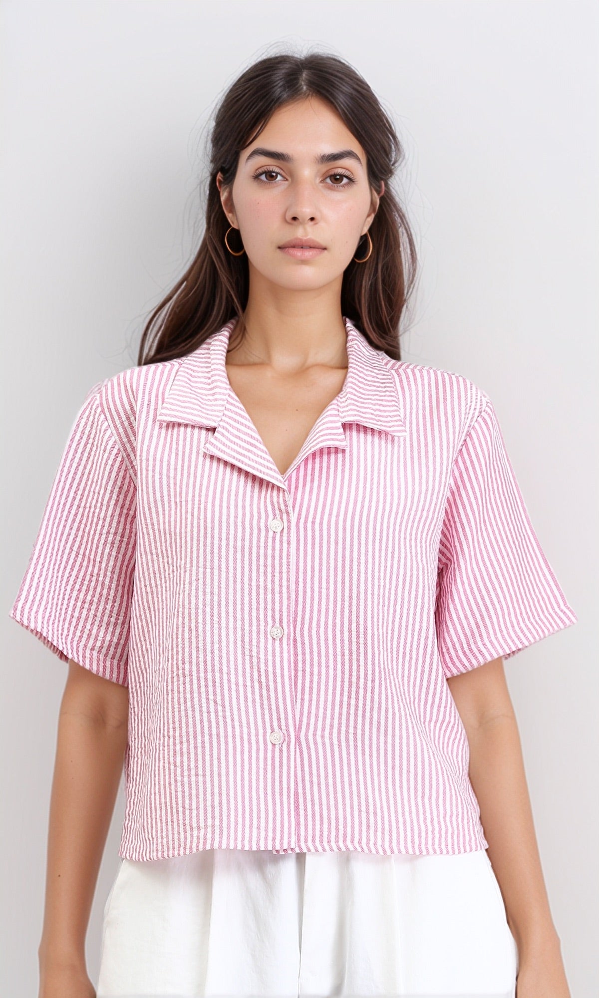R210611 - Striped Short Sleeves Casual Shirt - Pink & White