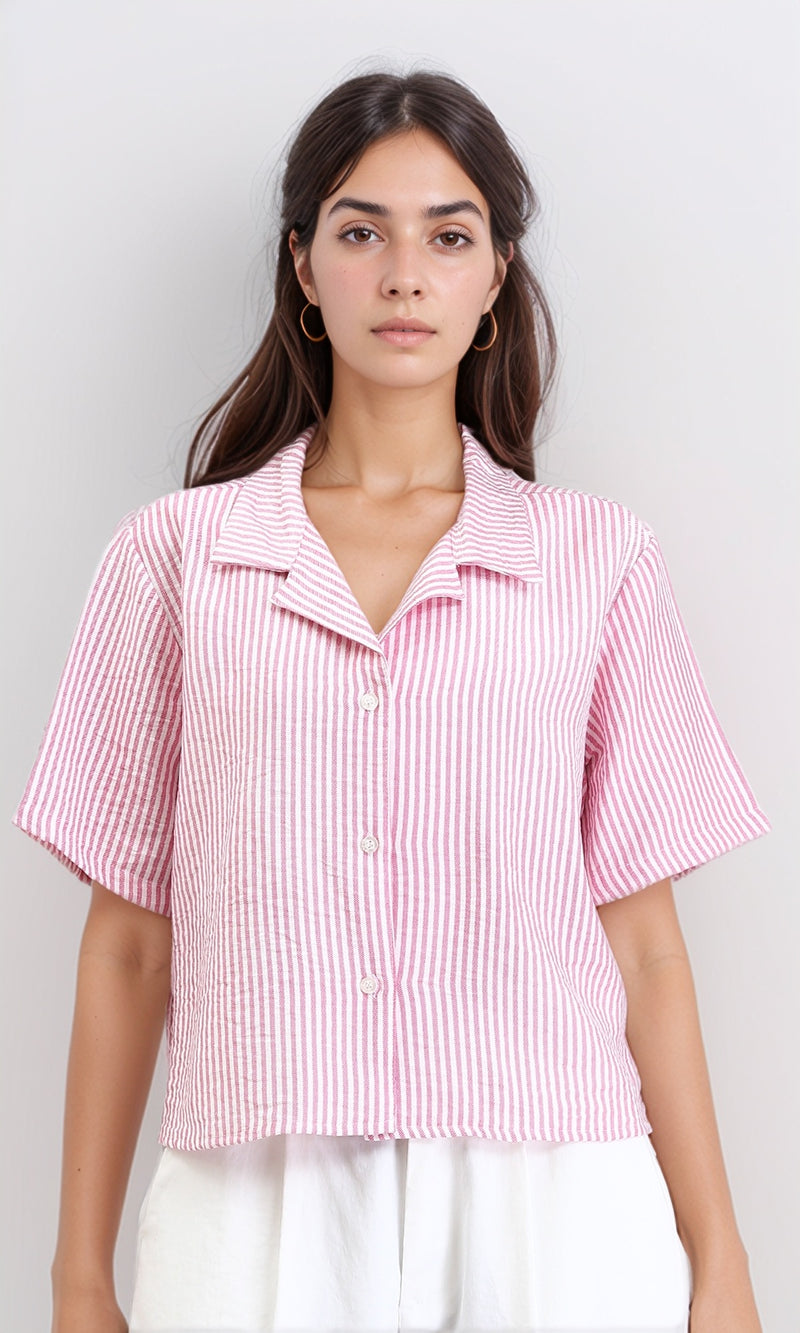 R210611 - Striped Short Sleeves Casual Shirt - Pink & White