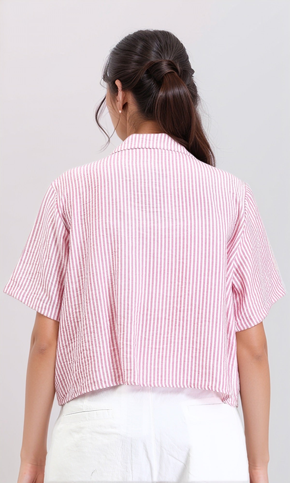 R210611 - Striped Short Sleeves Casual Shirt - Pink & White