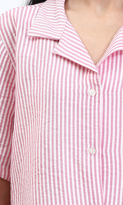R210611 - Striped Short Sleeves Casual Shirt - Pink & White