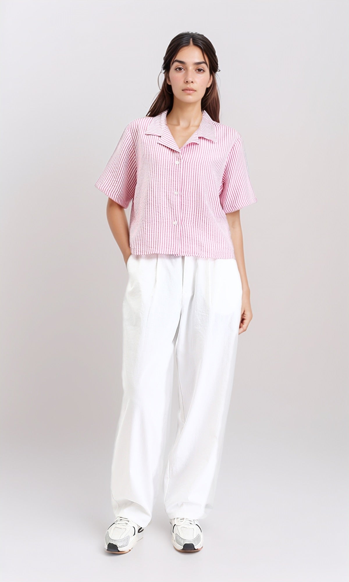 R210611 - Striped Short Sleeves Casual Shirt - Pink & White