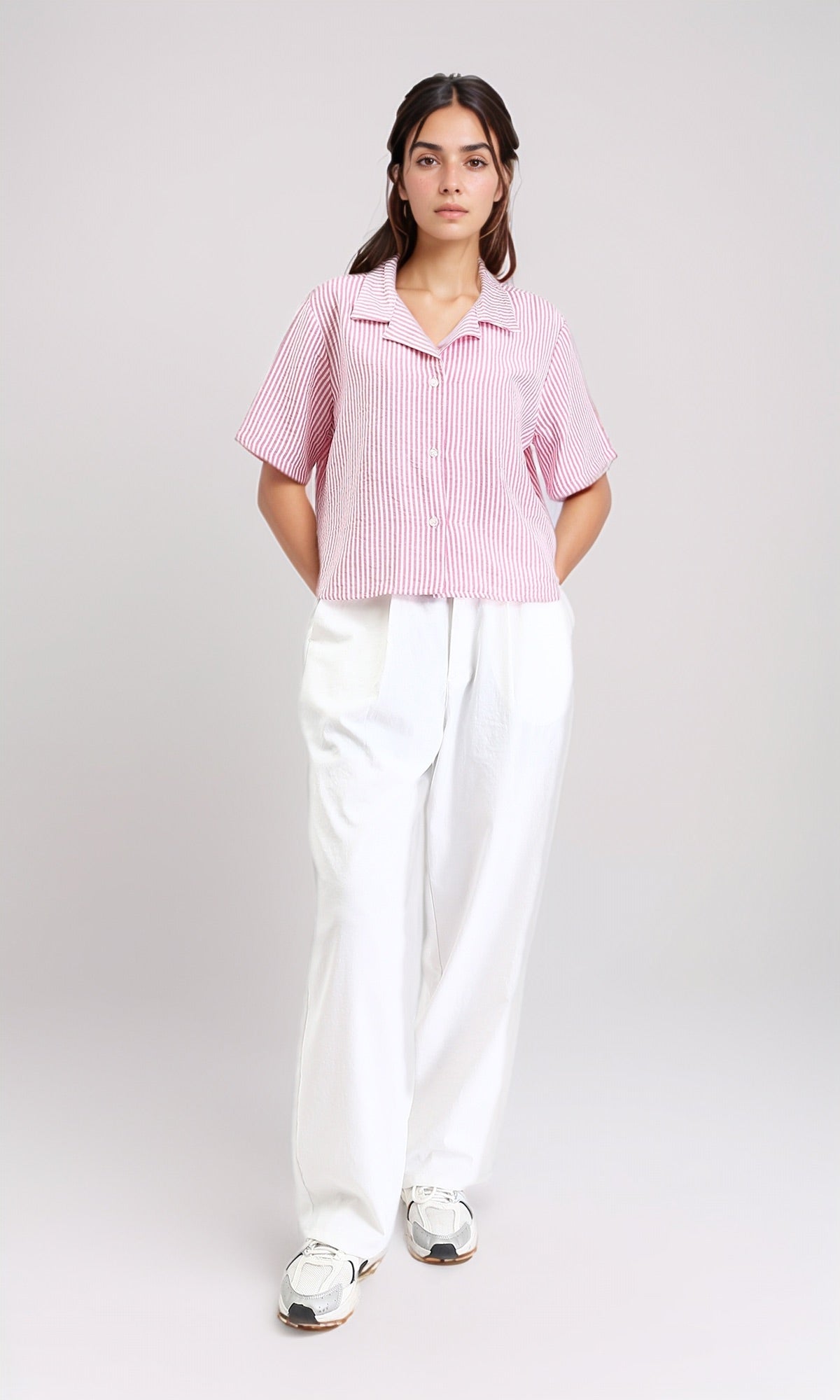 R210611 - Striped Short Sleeves Casual Shirt - Pink & White