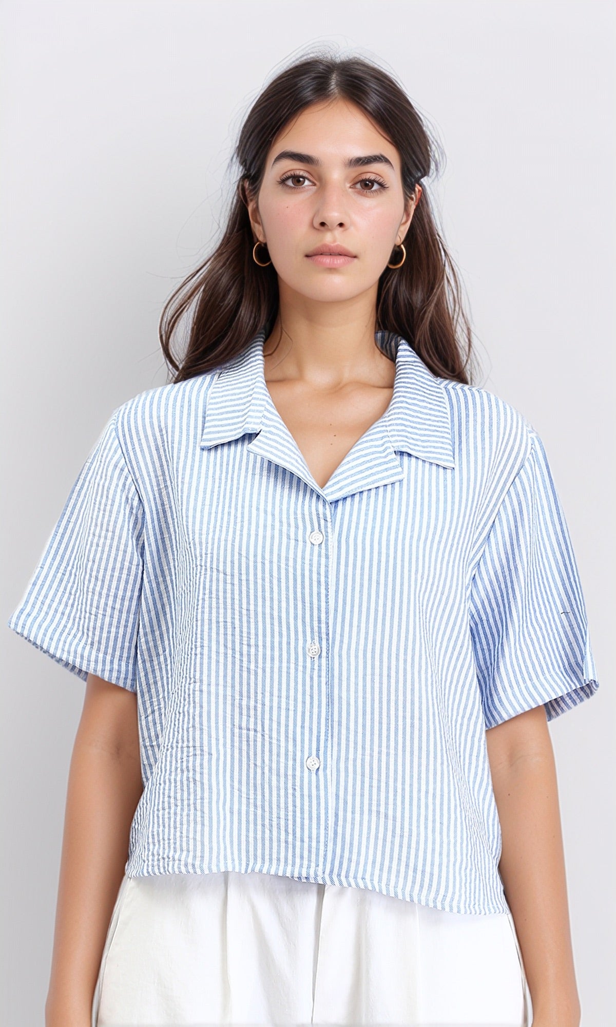 Striped Short Sleeves Casual Shirt - Light Blue & White