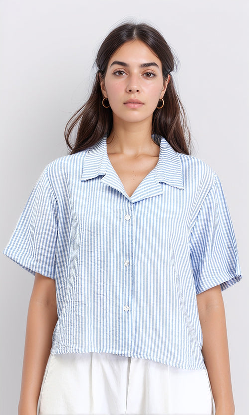 Striped Short Sleeves Casual Shirt - Light Blue & White
